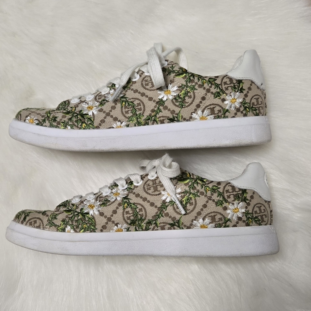 Tory Burch Howell Court Monogram Daisy Floral Sneakers Shoes - Picture 5 of 9